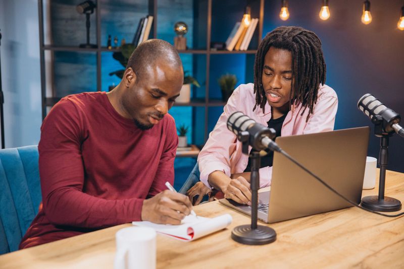 African American collaborative podcasters recording audio content, using professional microphones and laptop in soundproofed studio setting