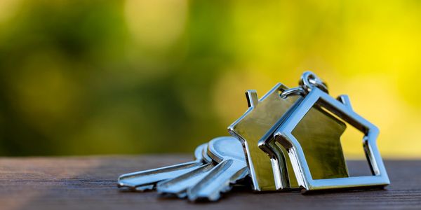 House-shaped keychains with keys on a wooden surface and blurred green background.