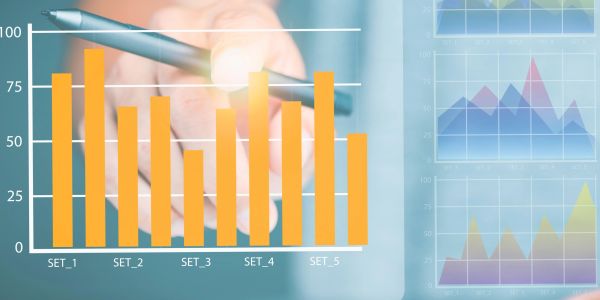 Hand pointing at an orange bar chart showing data sets 1 to 5.