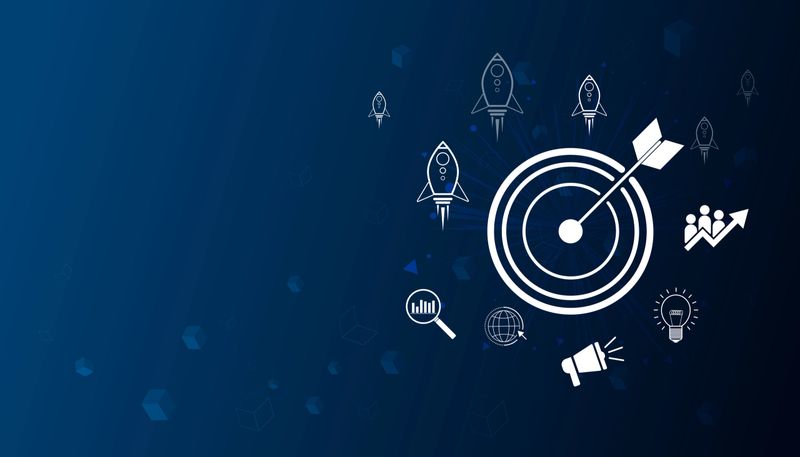 Abstract business concept background showing target arrow and rocket icons representing startup growth, innovation, marketing strategy, success planning, leadership, and digital business goal achievement.
