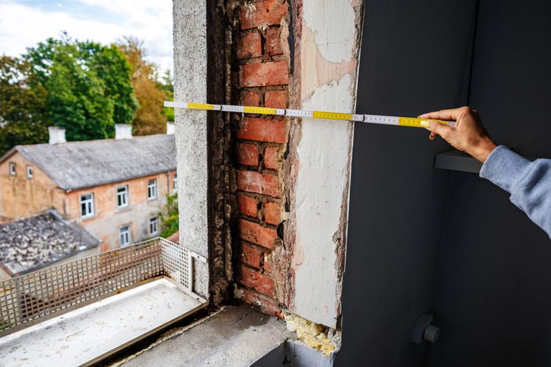 Professional measures window frame on construction site, Laborer records dimensions of brick arch for renovation work