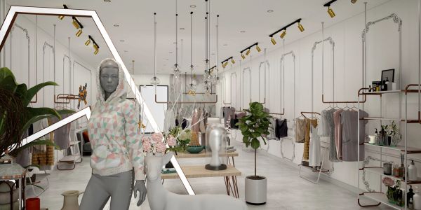 Modern boutique interior with mannequins, plants, and stylish clothing displays.