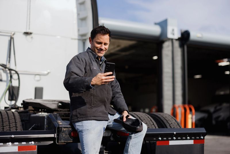 Smiling truck driver enjoying a break at a truck stop, using a smartphone app for navigation and staying connected while on the road