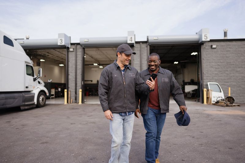 Two happy mechanics are walking and looking at a smartphone outside of their truck service center