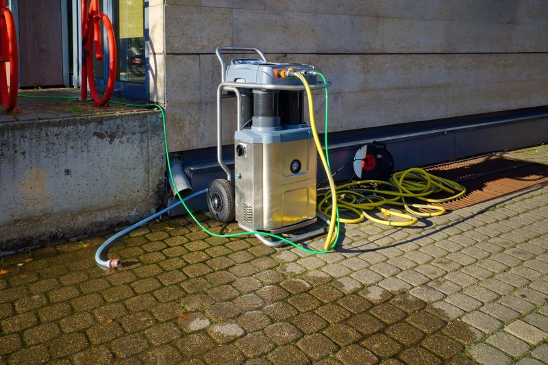 A professional pressure washer or steam cleaning machine on wheels,  is set up on a wet cobblestone street next to a building. The equipment is ready for cleaning services