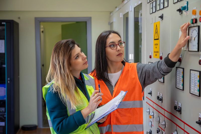 Two young female engineers, wearing safety helmets and high-visibility vests, collaborate on a technical inspection in the control room of a renewable energy facility. One engineer adjusts a control switch while the other takes notes on a clipboard, demonstrating teamwork, attention to detail, and modern engineering expertise. This scene highlights gender diversity, occupational safety, and the role of smart technology and digital solutions in the sustainable management of today’s power stations