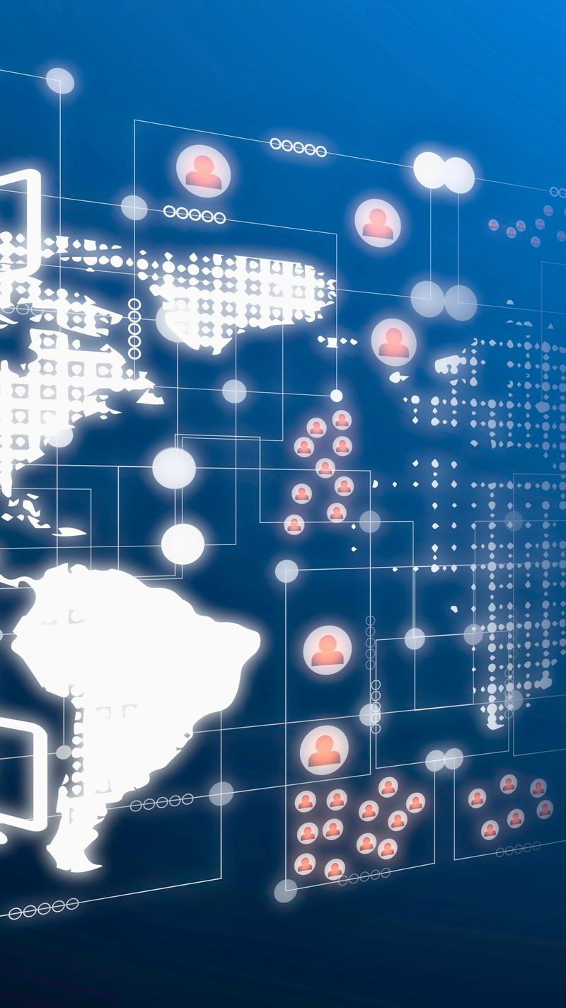 A glowing digital world map shows interconnected nodes and data flows, representing global communication and networks.
