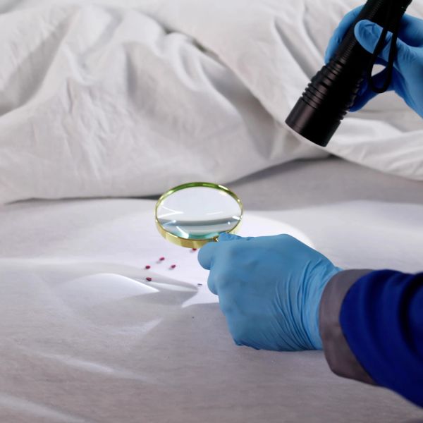 Gloved hand examining blood stains with magnifying glass and flashlight.