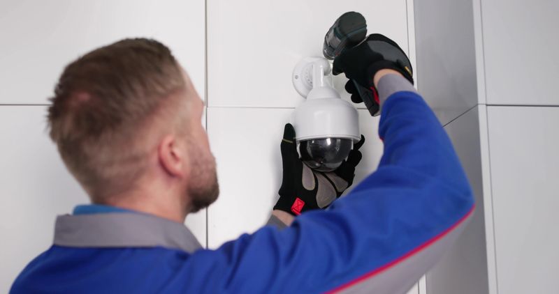 Professional Technician Installs CCTV Camera For Security Surveillance Video Service.