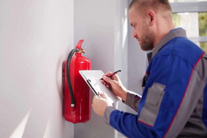 Young Man In Uniform Inspecting Fire Extinguisher For Safety Protocol.