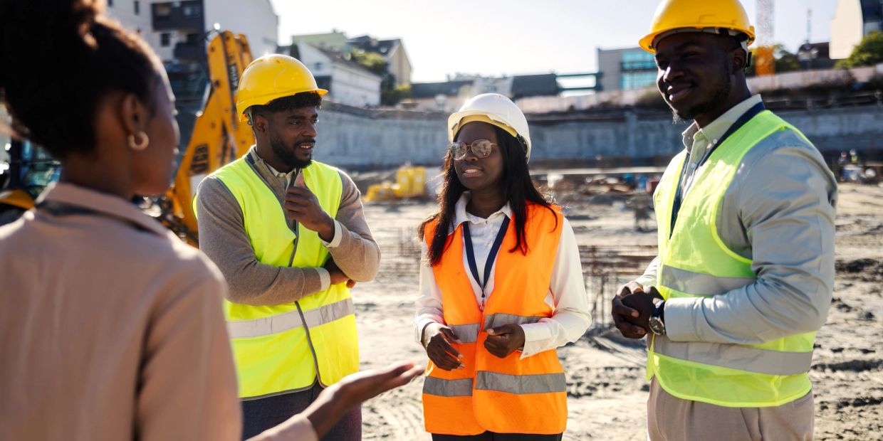 Group of construction workers in safety gear having a discussion at a construction site.