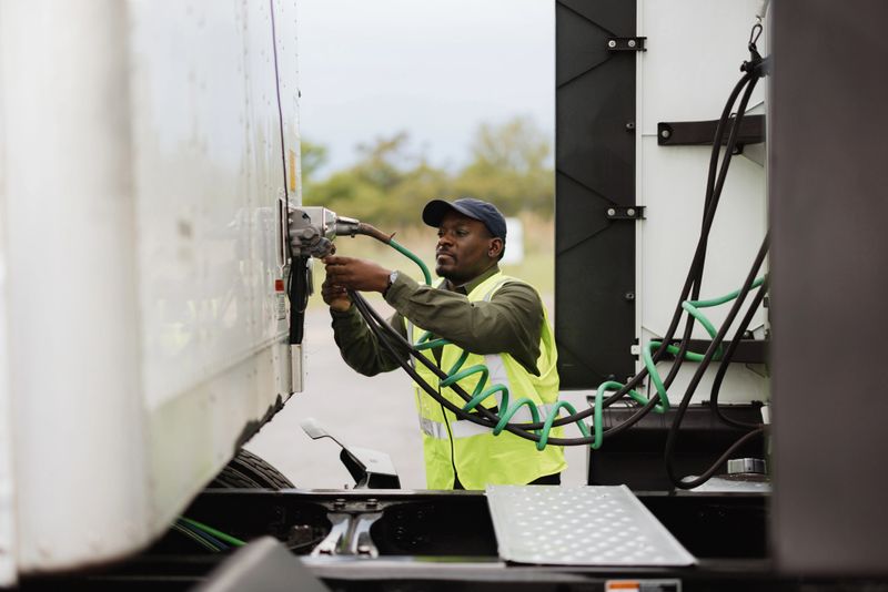 Truck driver connecting refrigerated trailer hoses to the truck, preparing for a long haul delivery