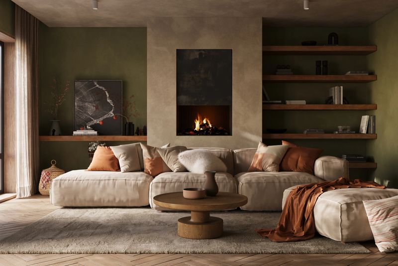 Warm Earth-Toned Living Room Interior with Rustic Wooden Elements