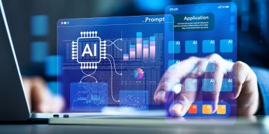 Person interacting with AI digital interface on laptop and smartphone.