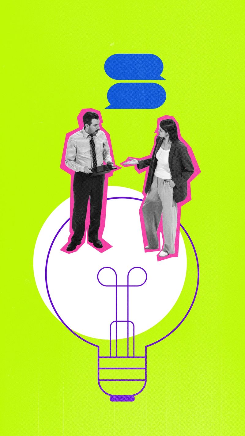 Colorful collage. Business colleagues on light bulb icon with chat symbols and engaged communication emotion. Concept of social media and digital, teamwork visuals, branding, and online networking.