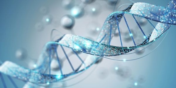 3D digital illustration of a DNA double helix strand.