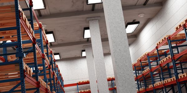 Empty warehouse with blue and red shelving and concrete pillars.
