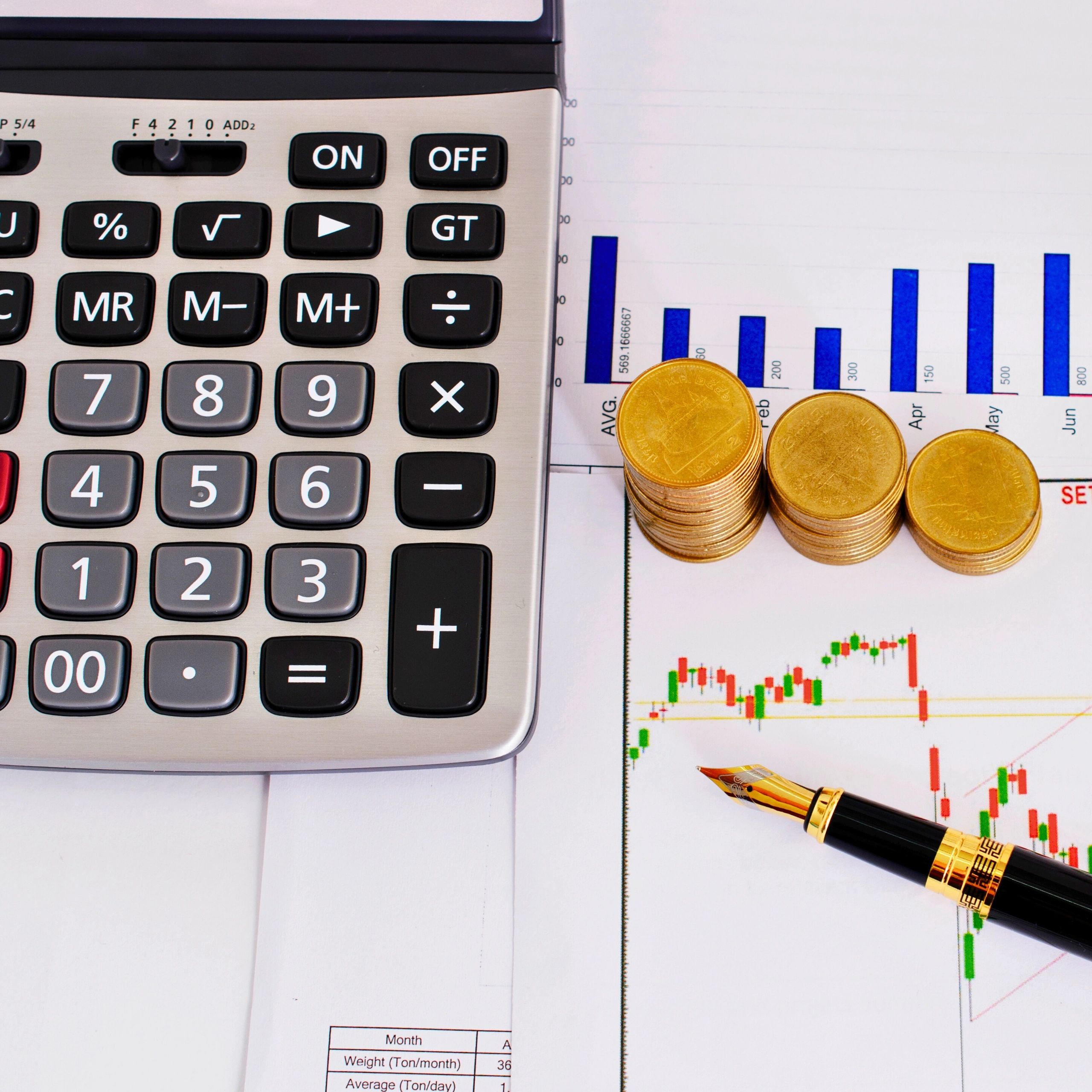 Calculator, coins, and pen on financial charts and graphs.