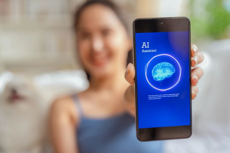 With a hand closeup on the screen, the cheerful woman smiles while an AI assistance intelligent agent and vision system deliver intelligent answers, seamlessly helping her organize and plan useful bug data, showcasing the integration of modern lifestyle, technology, and innovation in her daily routine.