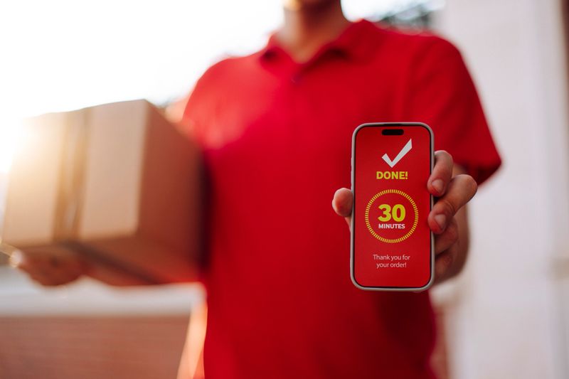 A delivery worker in a red shirt holds a smartphone showing a 'Done! 30 Minutes' notification while presenting a package; The image conveys fast service, efficiency, and customer satisfaction