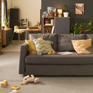 Cozy living room with gray sofa and soft toys on carpet.