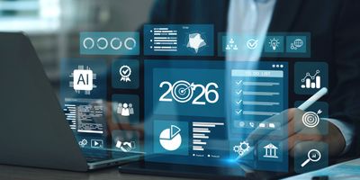 Futuristic business interface displaying 2026 goals and data analytics.