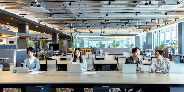 Four professionals working at laptops in a modern open office.