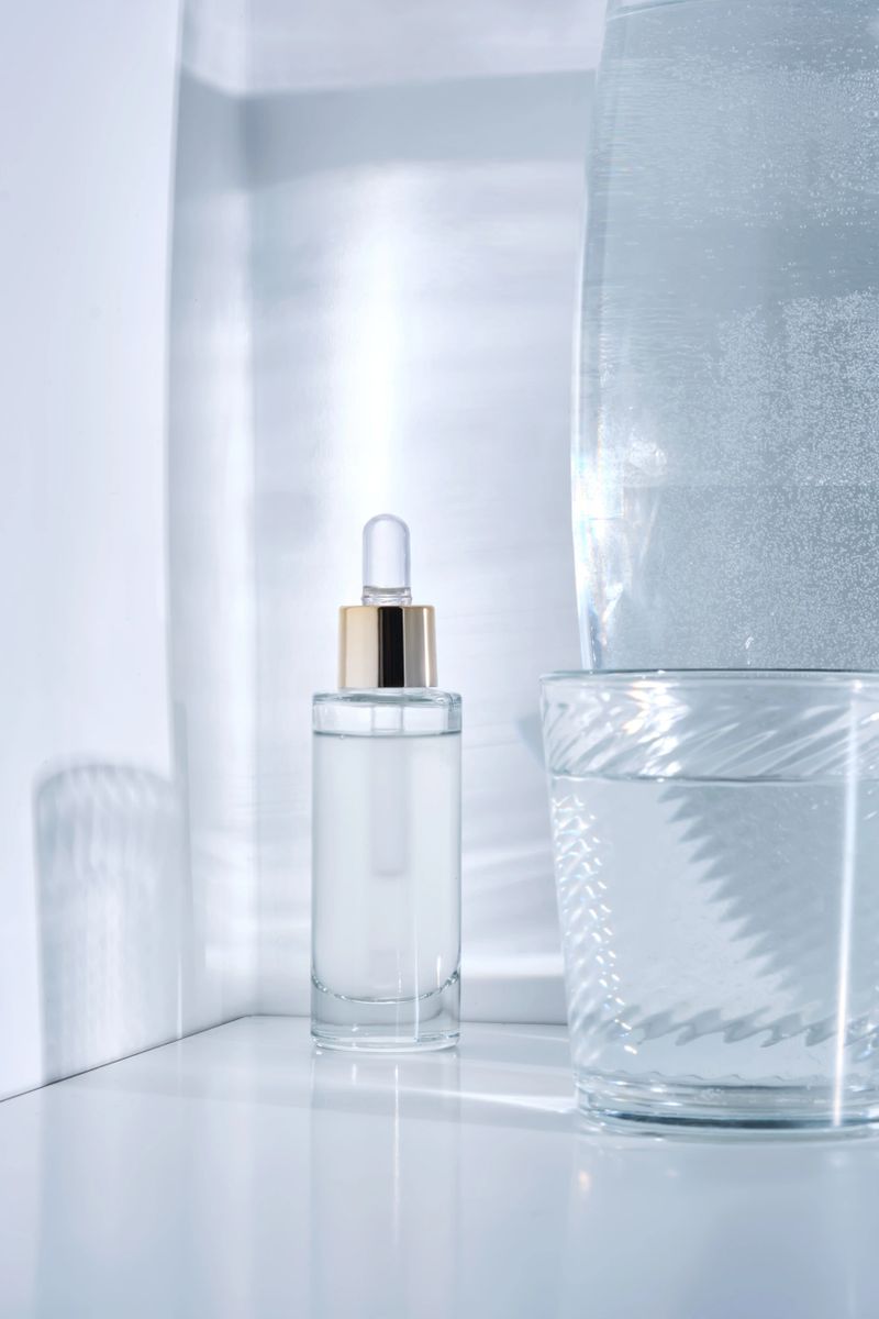 Bottle with serum on a white background with glare from water. High quality photo.