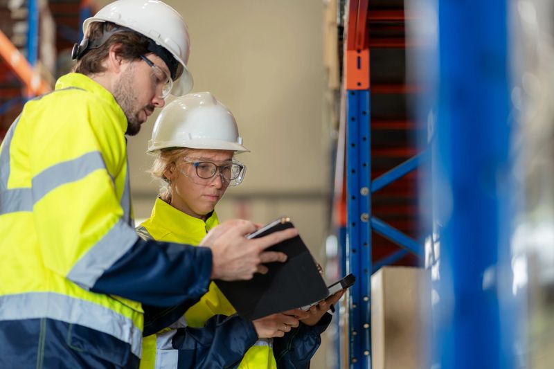 Two distribution warehouse employees wearing reflective safety clothing work together during an inventory check. A female worker scans boxes with a barcode reader while a male colleague reviews data on a digital tablet.