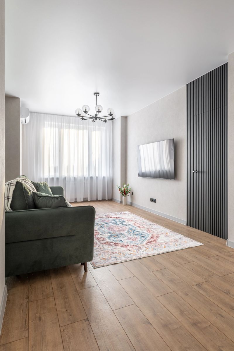 Minimalist modern living room interior with a green sofa, patterned rug, TV on the wall, and bright natural light creating a cozy elegant atmosphere.