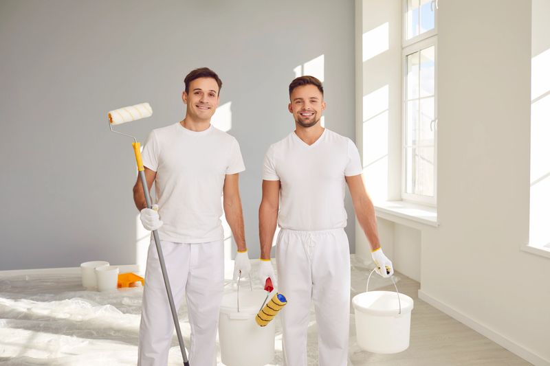 Portrait of smiling happy team of house painters looking at camera with paint rollers and and bucket in hands. Building contractors paint the wall of new apartment doing repair renovation.
