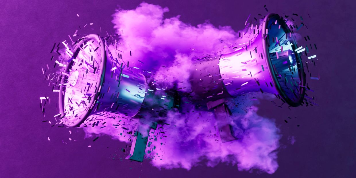 Two futuristic purple megaphones emitting digital smoke and particles.