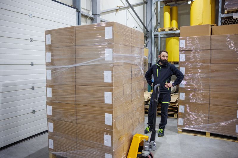 Man in workwear standing by the pallet of stacked goods in cardboard boxes wrapped in foil in the warehouse
