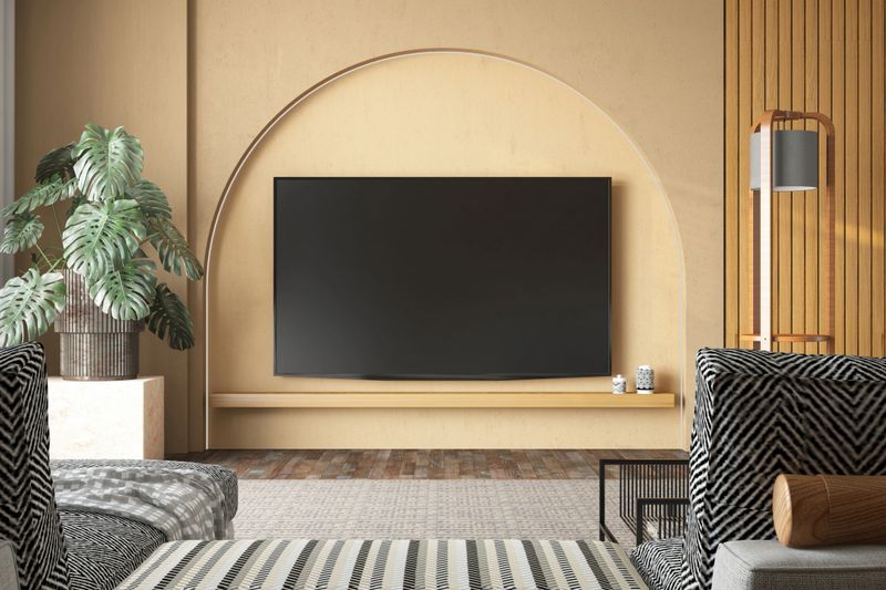 Modern Living Room with Blank TV Screen in an Arch Shaped Wall Niche. 3D Render