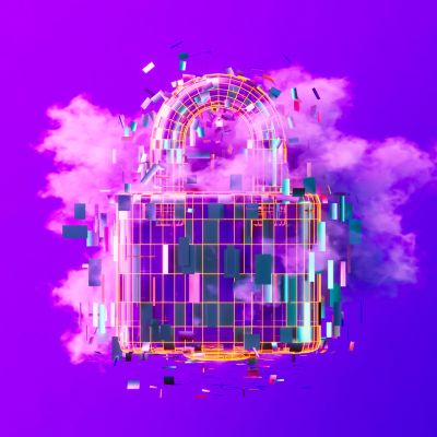 Digital padlock with glitch effect and purple background.