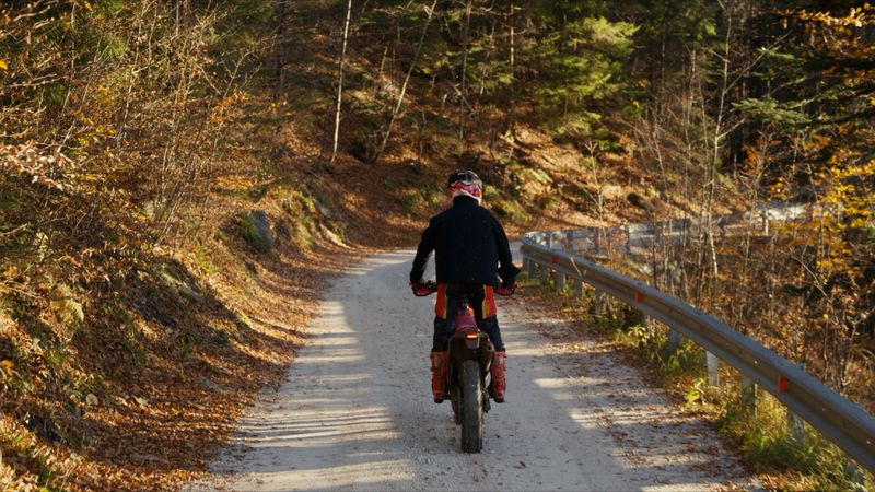 A female motocross rider skillfully navigating a winding forest trail, surrounded by autumn foliage and sunlight filtering through the trees. The scene captures the thrill and focus of off-road biking in a natural setting.