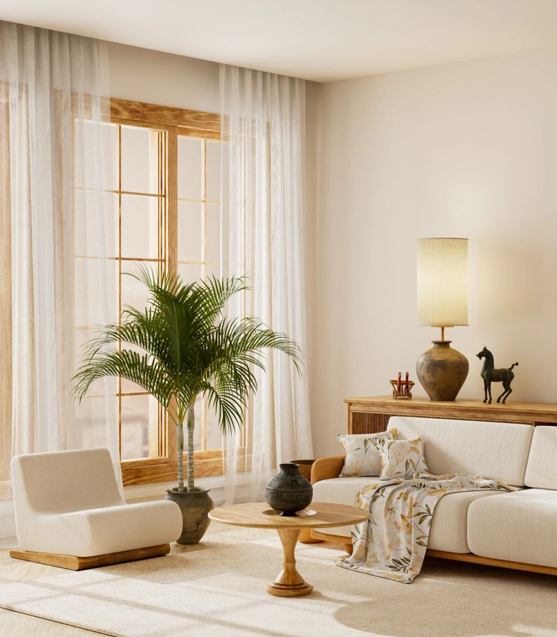 Japandi living room interior with soft beige sofa, wooden coffee table, indoor plant, warm light and minimal decor. 3D illustration