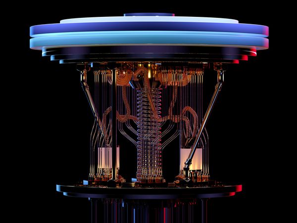 A detailed quantum computer with glowing wires and components against a black background.