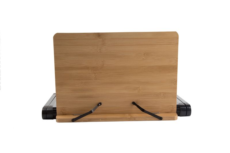 Eco-friendly bamboo book stand designed for comfortable reading, studying, or cooking. Features adjustable angles and sturdy metal page holders to keep books open hands-free. Ideal for students, chefs, and book lovers.