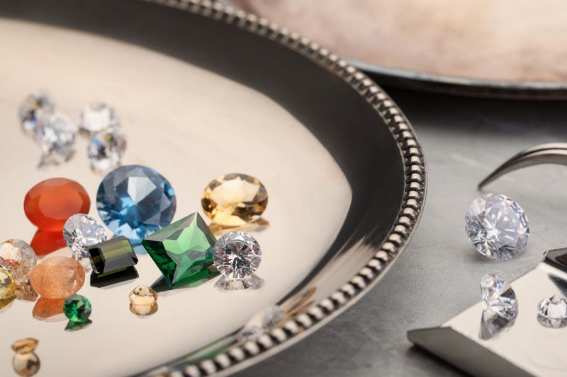 Tray with beautiful gemstones on light table, closeup