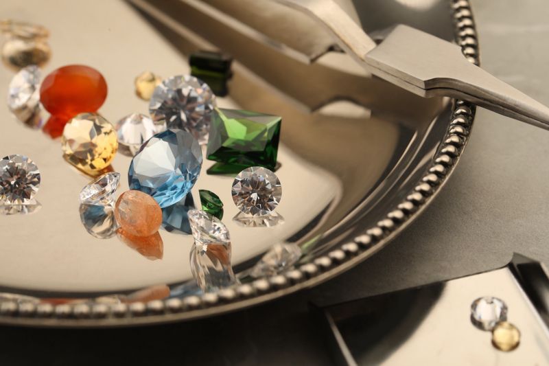 Tray with beautiful gemstones on light table, closeup