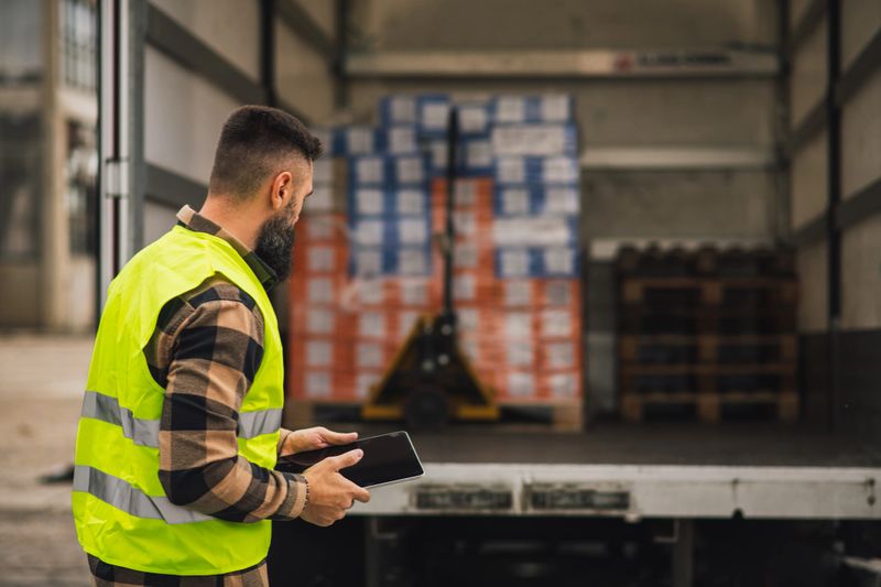 Male employee in high-visibility vest checking incoming goods information on tablet while standing beside loaded truck.