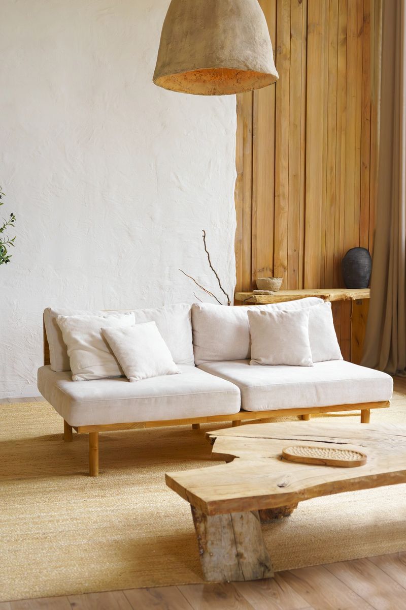 Bright cozy living room with light beige sofa, rustic wooden coffee table and light streaming through window. Home interior design in scandinavian style with warm tones and natural materials.