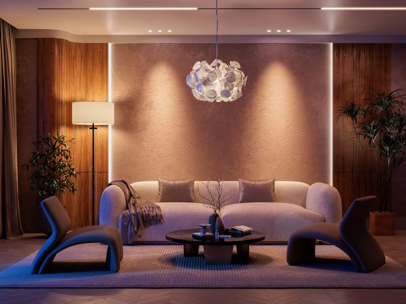 Dramatic Night Interior: High-Contrast Living Room with Warm Light, Cold Blue Ambiance, Uplighting on Plants, and Cozy Atmosphere. Luxury 3D Architectural Render.