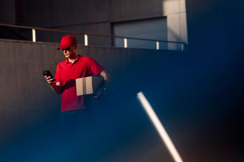 A delivery worker in a bright red polo and cap stands in an urban area, checking his handheld device while holding a cardboard box; The scene conveys speed, reliability, and modern logistics