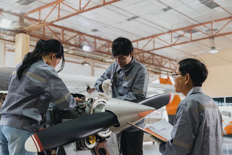 Three students are actively engaged in examining an aircraft engine inside a training facility. They are learning about aircraft maintenance and repair procedures.