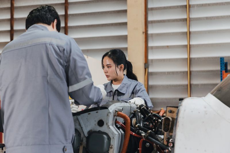 Two technicians focus on repairing an aircraft engine in a busy workshop. One technician is inspecting the engine while the other assists with tools, showing teamwork and attention to detail.