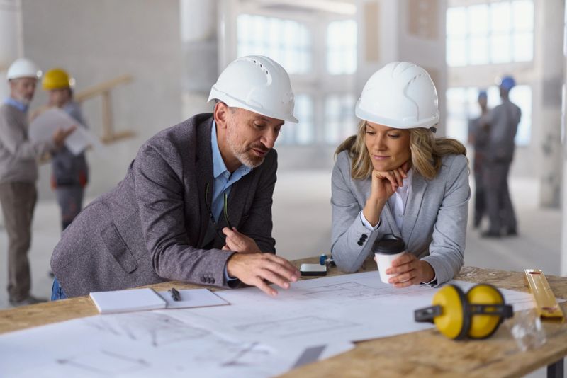 Smiling architects cooperating while analyzing blueprints at construction site. There are people in the background.