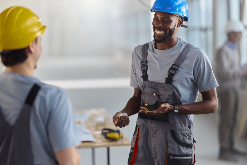 Happy African American manual worker communicating with his colleague at construction site.