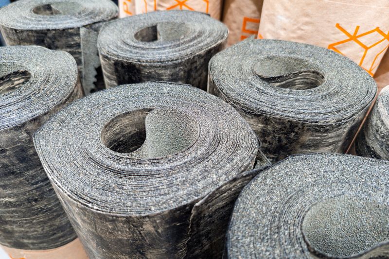 Black rubber rolls are stacked closely in a warehouse. The setting is bright, showing various materials neatly organized in the background.